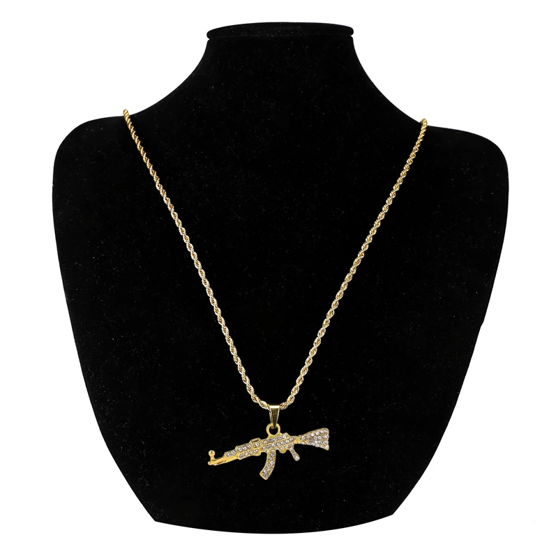 

HipHop Rhinestone Paved Bling Gold Stainless Steel Ak 47 Gun Pendants Necklace For Men Rapper Best Jewelry Choker
