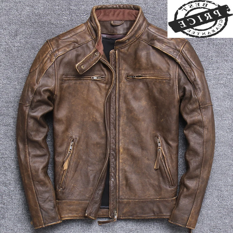 

100% Real Leather Jacket Men Autumn Winter Clothes 2021 Streetwear Fit Genuine Cow Leather Coat Men's Leather Jacket a61a