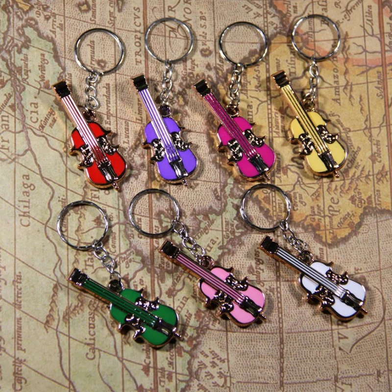 100pcs/lot Mixed Colors Violin Keychain Music Key Chain Play Keyring Musical Instruments Toy Key Ring