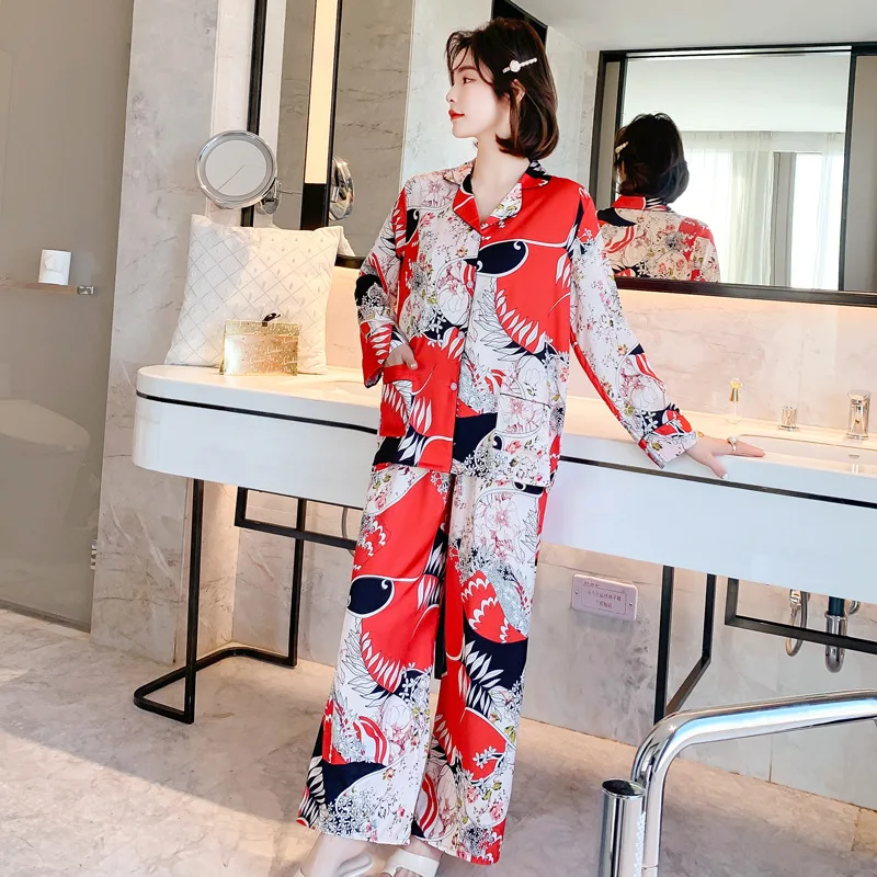 QWEEK Silk Like Pajamas for Women Chinese Style Pijamas Autumn 2 Piece Set Cartoon Print Sleepwear Loungewear Pyjamas Female Pjs