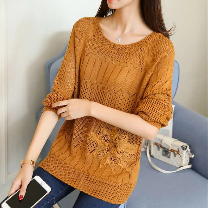 Свитер-пуловер с круглым вырезом ажурный тонкий свитер вышивкой Базовая рубашка