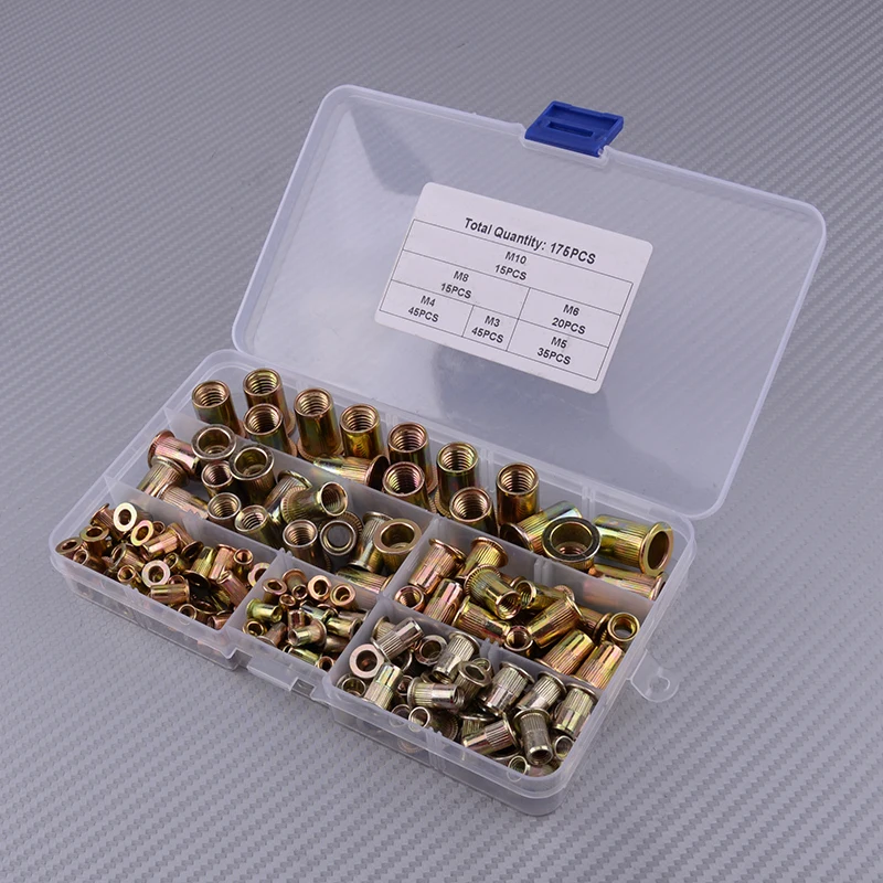 

175 Pcs M3 M4 M5 M6 M8 M10 Blind Rivet Nuts Kit Mixed Zinc Steel Rivnut Insert Nutsert Threaded Gold