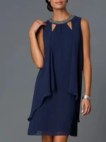 navy blue cut out short cocktail dress jewel neck sleeveless knee length chiffon beads party prom gowns robe de soriee