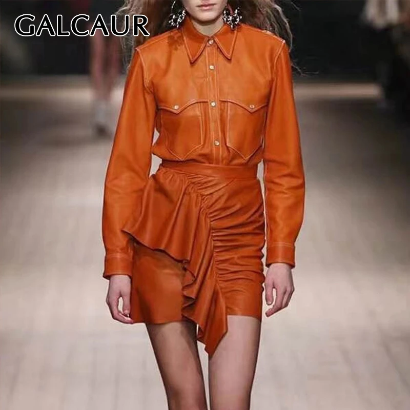 GALCAUR из искусственной кожи, комплект из двух предметов для женщин, куртка с воротником с лацканами и высокой талией, юбки с рюшами, женские костюмы, осень, модная новинка