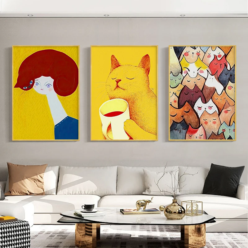 

Abstract Modern Cartoon Cute Cat Animal And Girls Poster Print Canvas Painting Wall Art Pictures For Living Room Home Decoration
