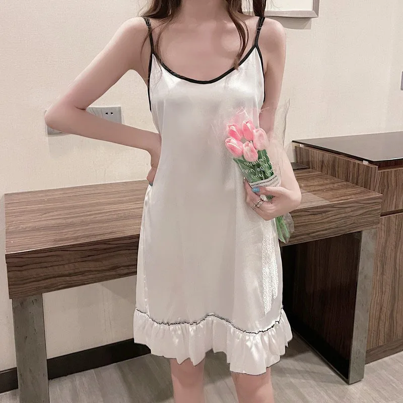 

2021 Summer New Silk Simulation Sexy Nightgown Sling Nightdress Women's Backless Dress Home Wear Lady Sleepwear Female Nightwear