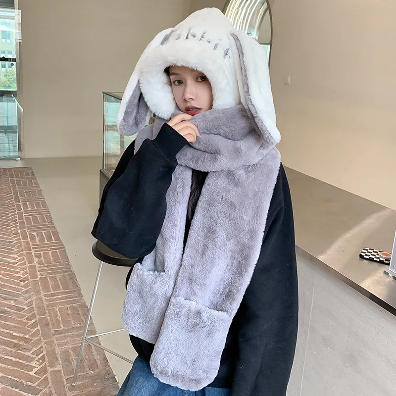 Cute Multi-function Scarf Hat Glove Set Women Woolly Kwaii Rabbit Big Ear Bunny Winter Warm Thickening Pocket Hats Hooded |