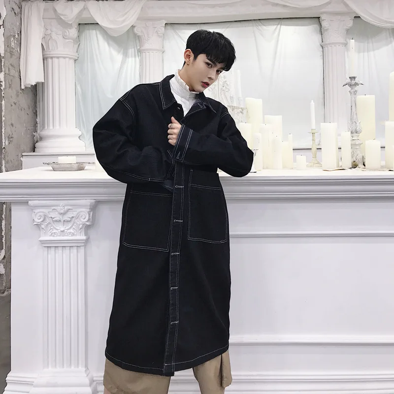 Джинсовая куртка мужская свободного покроя однобортная Длинная ветровка с