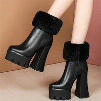 2021 winter warm rabbit fur casual shoes women genuine leather high heel snow boots female round toe chunky platform pumps shoes