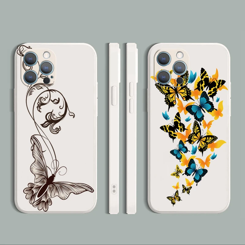 

For iPhone 13 12 Mini 11 Pro Max XS XR X 7 8 Plus SE 2020 Painted Butterflies Straight Edge Silicone Protective Cover