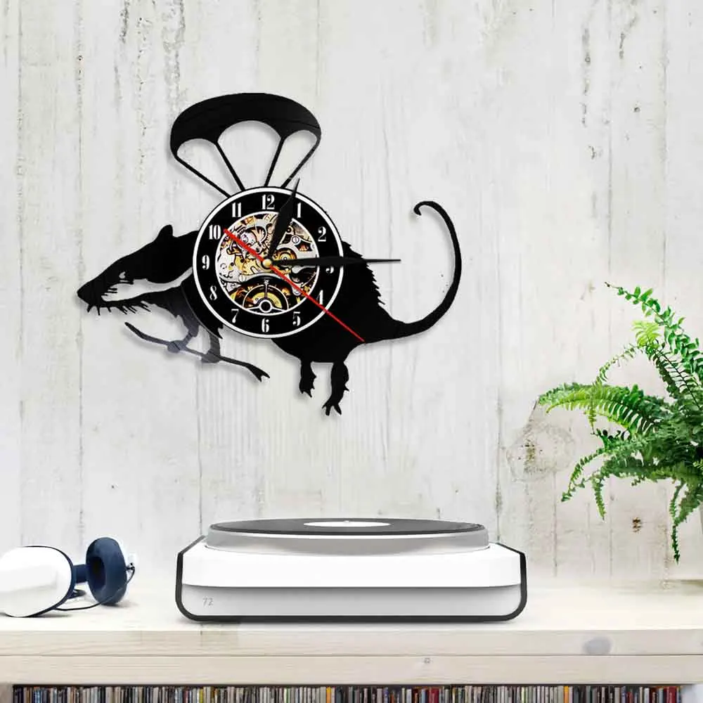 Летающий вертолет крыса виниловая пластина 3D настенные часы милый парашютник