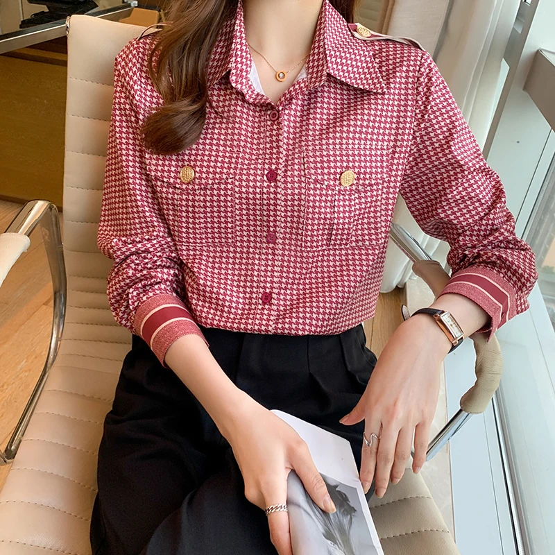 

Autumn New Women's Blouses Polo Shirt Long Sleeve Tops Houndstooth Blouse Girl Chiffon Casual Fashion Lady Loose