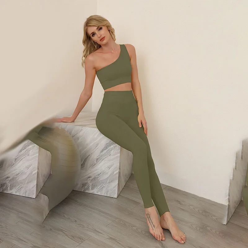 

SALSPOR Seamless Solid Color Yoga Sets Women Oblique Shoulder Bra High Waist Elastics Suit Woman Fitness Running Workout Set