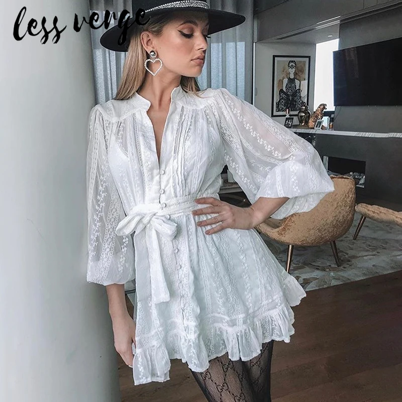 Женское кружевное платье с длинным рукавом белое Сетчатое Хлопковое v-образным