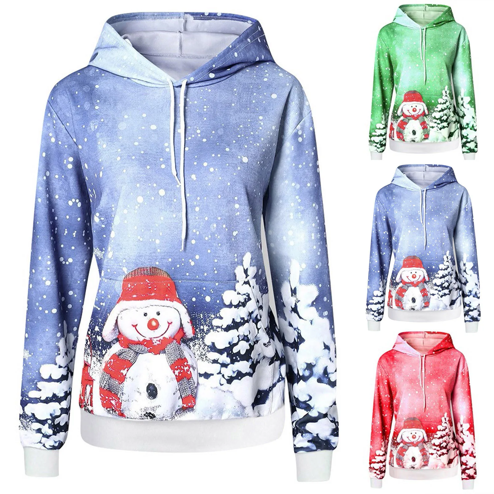 

Women Tie-dye Hoodies Christmas Snowman Print Hooded Pocket Long Sleeve Pullover Sweatshirt Drawstring Tops A20