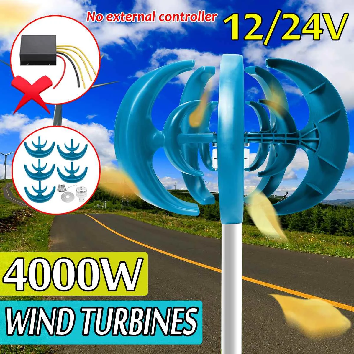 

4000W 12V 24V Vertical Axis Wind Turbines Generator Lantern 5 Blades Motor Kit Windmill Energy Charge Turbines for Home Camping