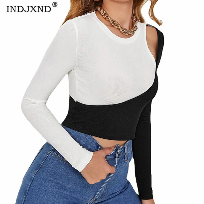 

INDJXND Sexy O Neck T-Shirt Tops Cropped Women Long Sleeve Club Party Solid Color Hollow Out Slim Skinny Ladies Tees Clothing