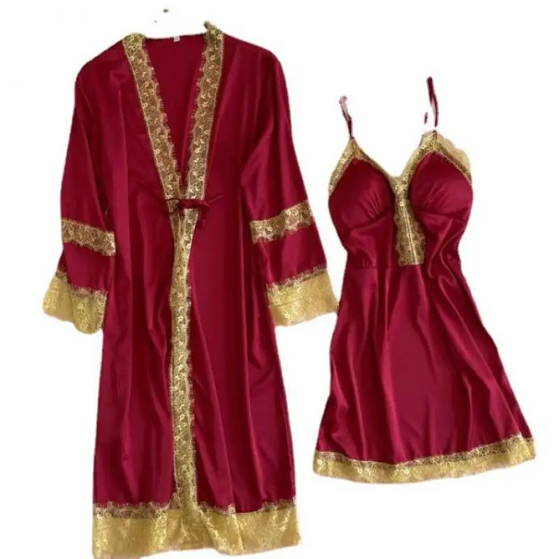 

Bathrobe Gown Intimate Lingerie Patchwork Summer New Women Sleepwear Sexy Lace Kimono Robe Set Satin Lady Casual Nightwear