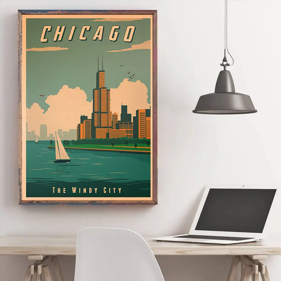 Chicago City Пейзаж Плакат ручной рисунок винтажная Печать стикер на стену бар кафе