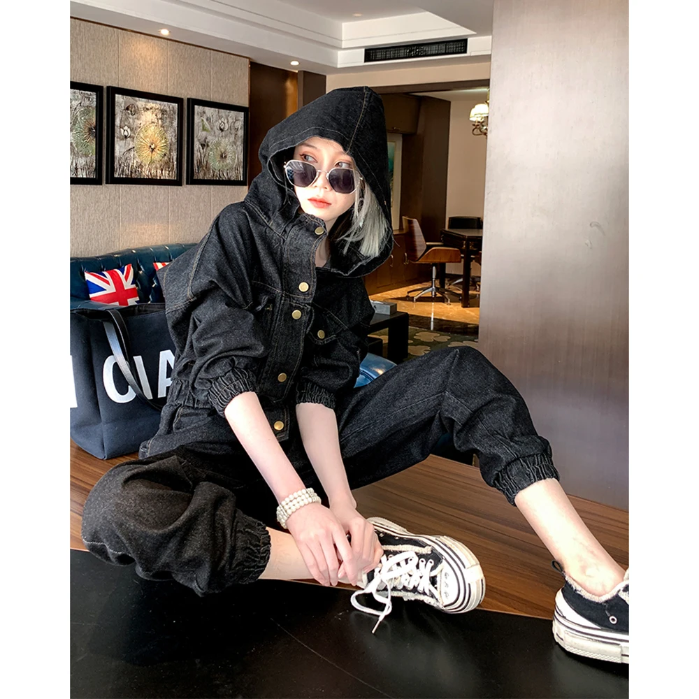 

YUANYUANJYCO Autumn Women Ankle-Length Streetwear Denim Jumpsuit LTY3 Cotton Black Blue Loose With A Hood Woman Overalls