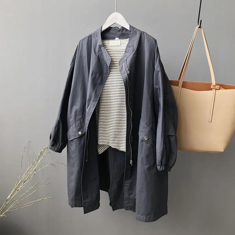 

COZOK 2021 Spring New Medium Length Windbreaker Female Bf Wind Drawstring Washed Cotton Coat Large Size 99285