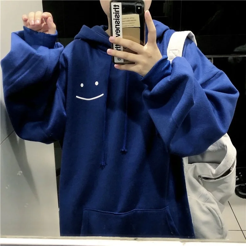 

Deeptown Klein Blue Hoodie Women Korean Style Smiley Print Sweatshirt Ladies 2021 Fall Fashion Long Sleeve Winter Clothes Chic