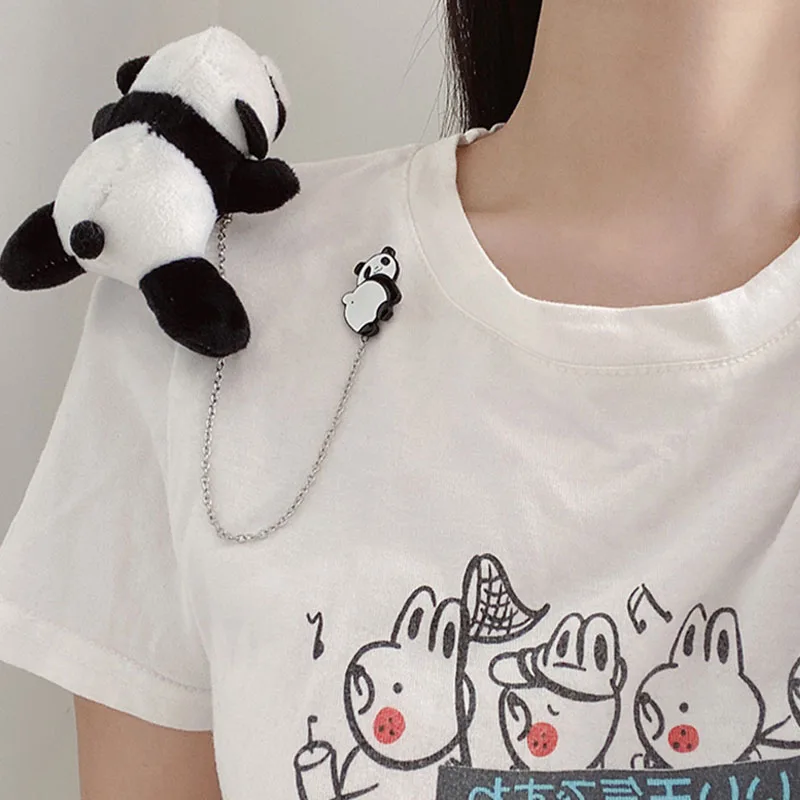 

Plush Animals Chain Alloy Brooches Pins Fluffy Dinosaur Panda Orange Cute Brooch For Women Man Coat Badge Accessories Gifts