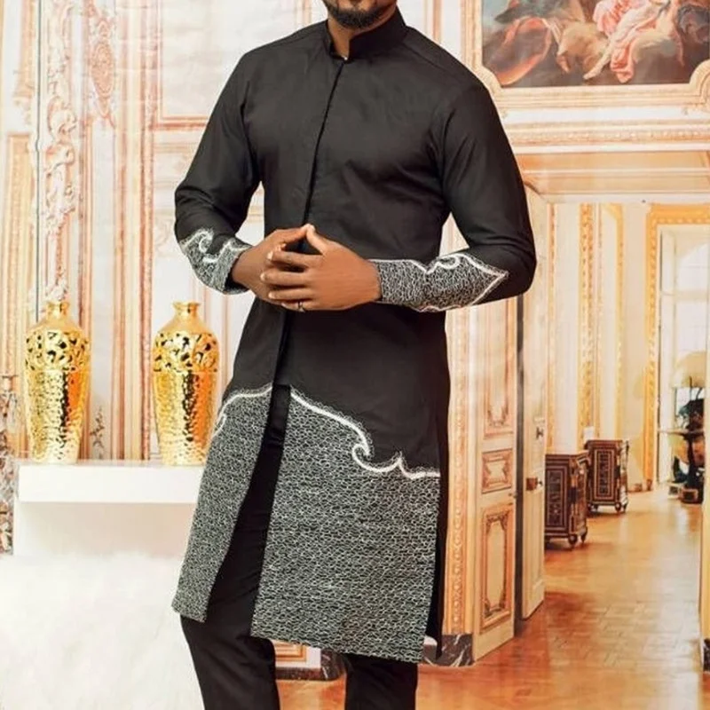 Men's Dashiki Mid-length Shirt Casual Printing Stitching African Mens Shirt Muslim Long-sleeved Fashion T-shirt Chilaba Man 2021