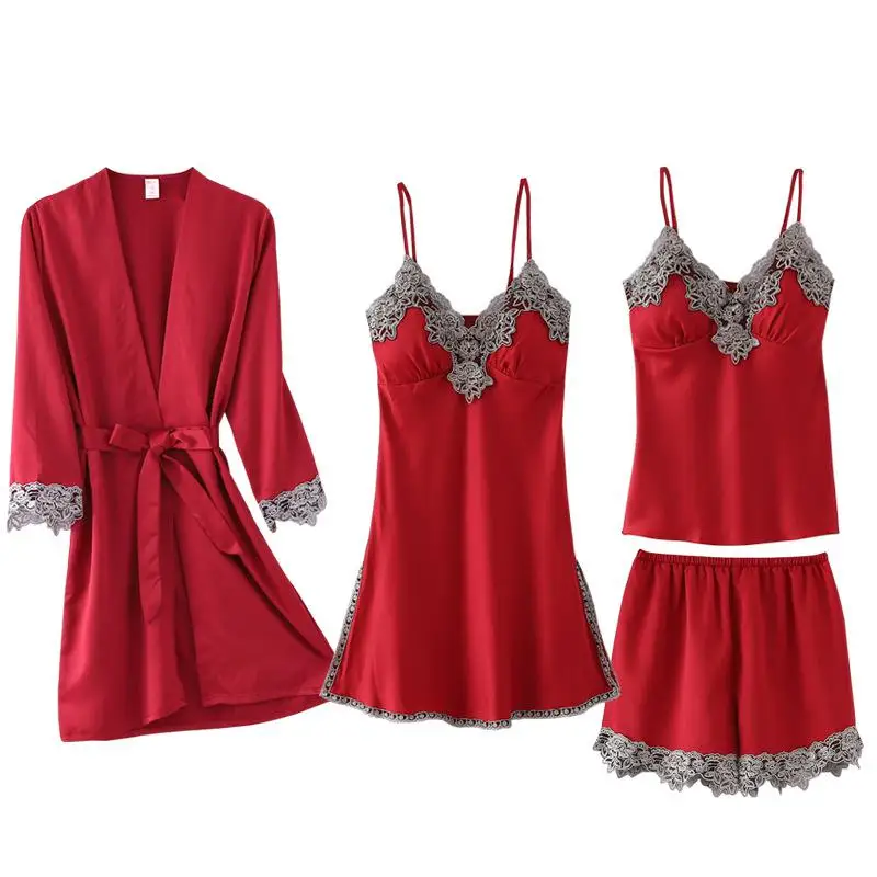 

Female Pink Nightwear Home Clothing Bathrobe Gown Bride Wedding Robe Set Long Sleeve Sexy 5PCS Sleepwear Kimono Gown Sleepwear