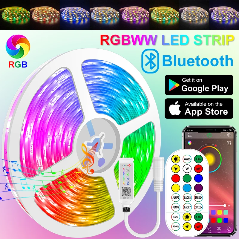 

Светодиодные ленты RGBWW с Bluetooth 5050 2835, гибкая лампа с адаптером постоянного тока теплого белого цвета