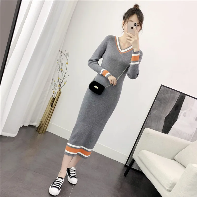 

Leiouna Casual Plaid V-Neck Long Big Sizes Dress Women Fashion Dress Autumn Winter Warm Female Dress Loose Midi Sweater Dresses