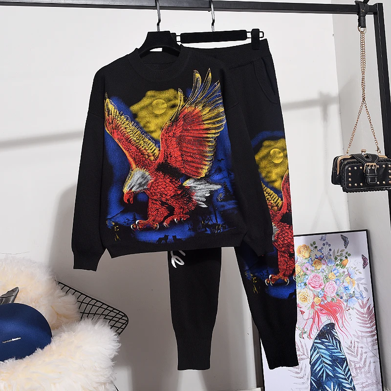 Осенне зимний новый вязаный комплект женская мода горячее сверление орла