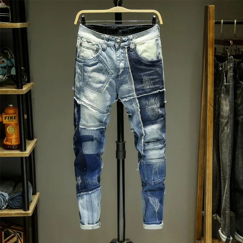 

KIMSERE Mens Destroyed Patched Hip Hop Jeans Pants Hi Street Ripped Denim Trousers With Patchwork And Holes Straight Fit