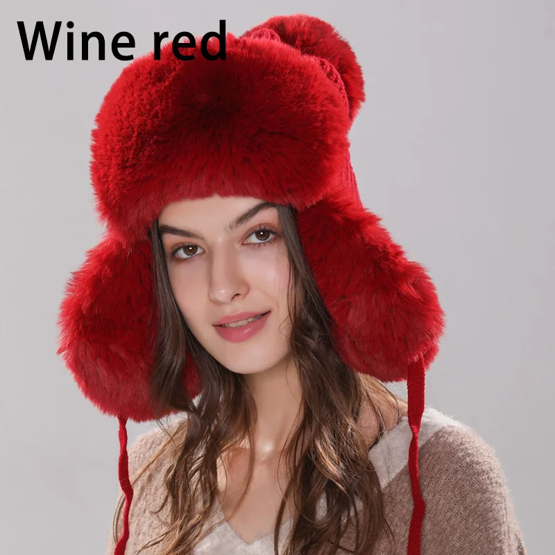 Wine red Зимние женские шапки-бомберы, мужские вязаные теплые утолщенные ушные накладки, зимние шапки для женщин, шапка с наушниками из искусственного меха кролика, новинка - Цвет: Wine red
