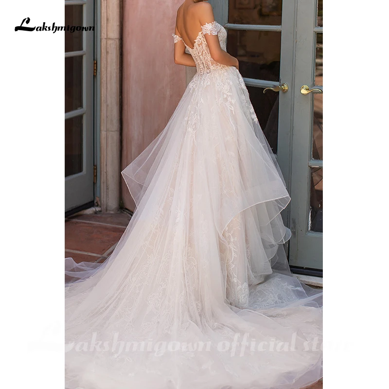 

Gorgeous Off Shoulder A-Line Wedding Dress 2020 Sweetheart Court Train Organza and Lace with Appliques bridal gown gelinlik