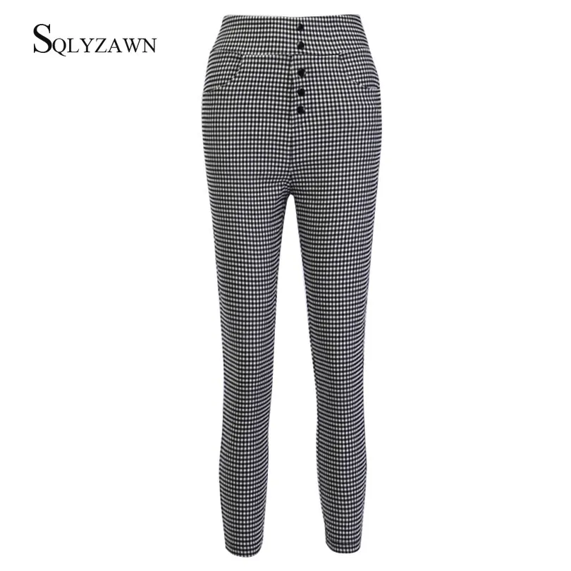Брюки женские клетчатые однобортные повседневные леггинсы в шахматную клетку с