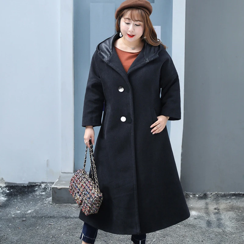 2019 Autumn Winter Oversize Woolen Coat Women Hooded Outerwear Female Black red Jacket Long Coats Plus size 4XL-8XL G752 | Женская