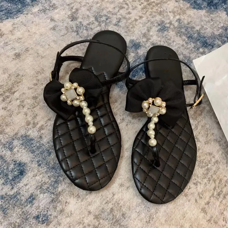 

Casual Designer fashion women's shoes black leather Pinched toes flats pearls slingback Prom Evening Shoes Bridal shoes Sandals