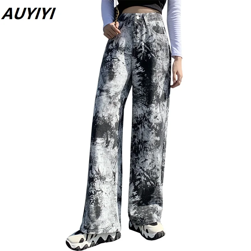

AUYIYI Tie-Dye Jeans Women's Autumn New Fashion Design Sense High Waist Sweet Wild Wide-Leg Pants Straight-Leg Pants