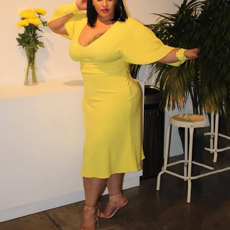 Новое платье ярко-желтого цвета Плюс Размер XL Длина рукав 44-45 А-силуэт v-образный