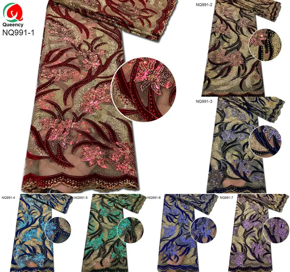 

NQ991 Elegant Net Lace 5yards Africa Velvet embroidery Tulle Lace with many sequiens and stones Wedding Party Dress Fabric