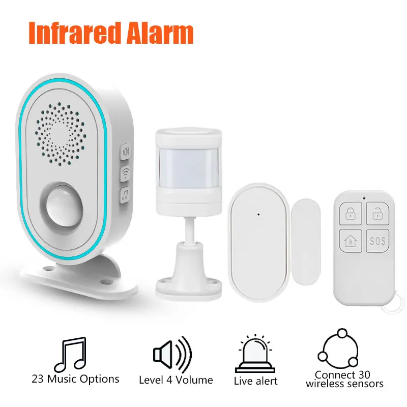 

Система домашней сигнализации, беспроводная, 433 МГц, умная домашняя Стробоскопическая сирена, датчик движения, инфракрасный PIR датчик обнаружения человека, окно магазина, 23 песни