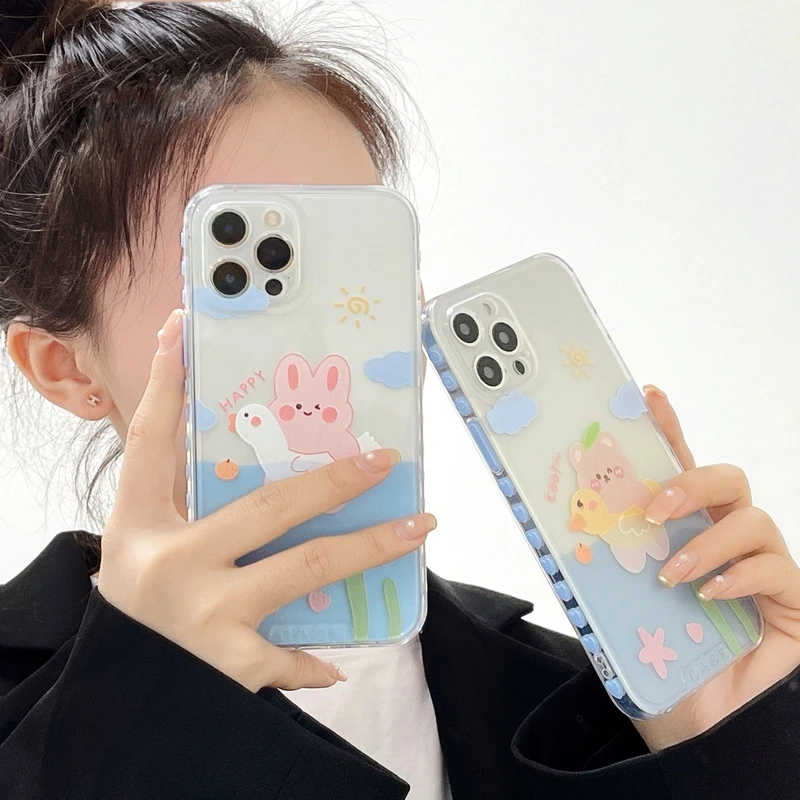 

Cute Cartoon Summer Bear Bunny Animal Phone Case For iPhone 12 11 Pro Max X Xs Max Xr 7 8 Puls SE 2020 Cases Soft TPU Cover