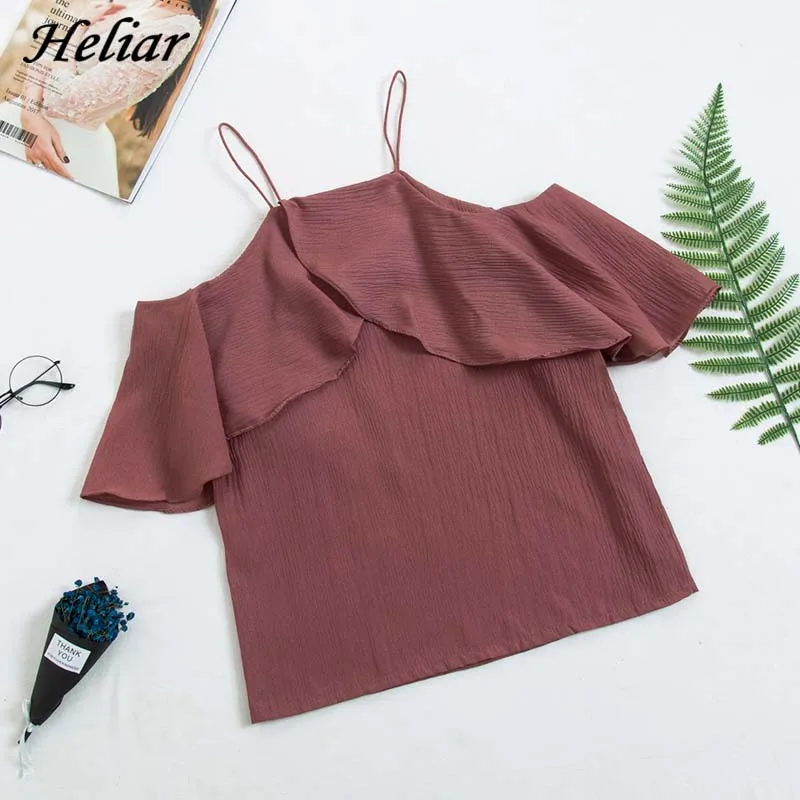 HELIAR 2019 Summer Spaghetti Tops Flounce Shoulder Blouse Plain Top Women Fashion Streetwear Female Solid Sexy Beach | Женская одежда