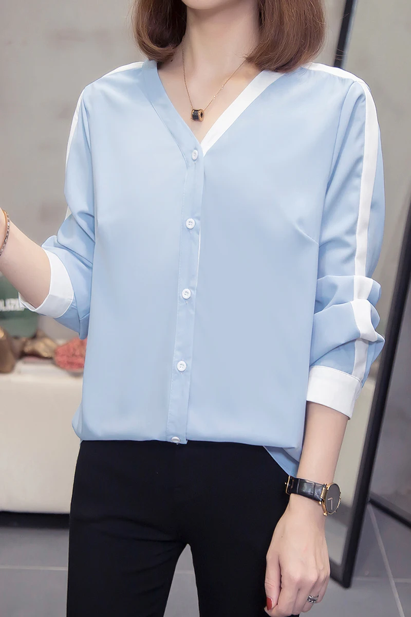 

COIGARSAM 4XL Plus Size Full Sleeve Shirt Womens tops Spring Chiffon Patchwork Panelled Women shirts White Blue 2166
