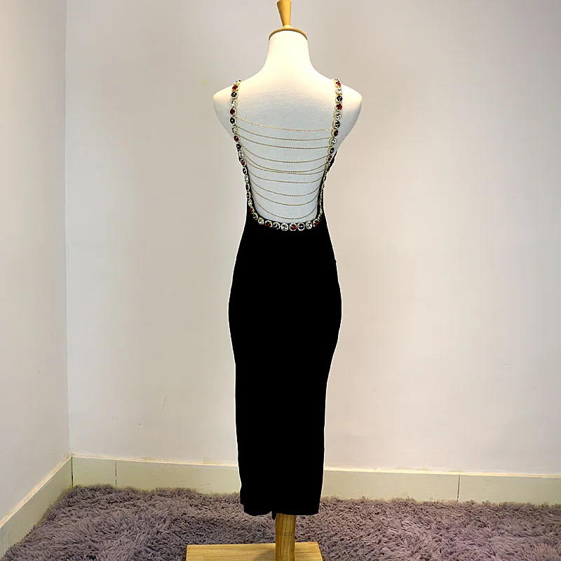 

Customize 2023 Luxury Diamonds Beading Strap Sexy Backless Vestido Round neck Sleeveless Evening Bodycon Slim Dresses