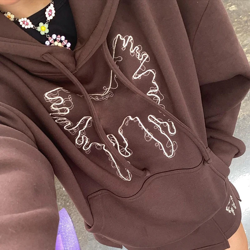 HEYounGIRL Casual Harajuku Oversized Hoodie Sweatshirt Y2K 2000s Aesthetic Brown Women Sweetshirts Autumn Long Sleeve Pullover