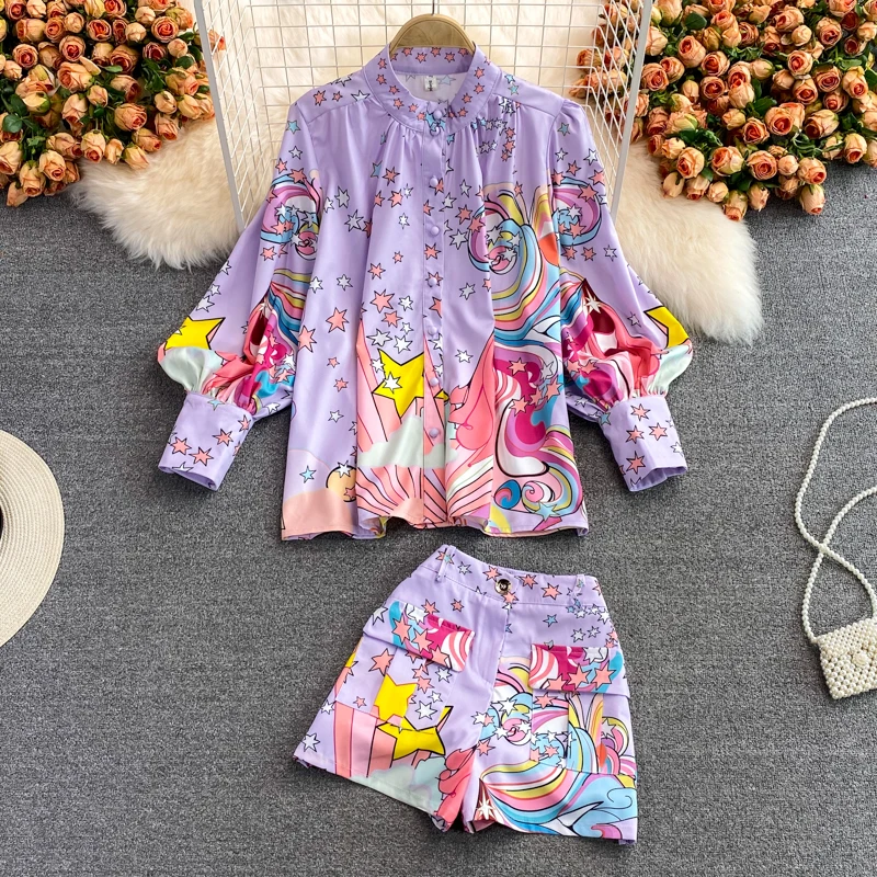 

2021 New Spring Autumn Designer Trouser Suit Lantern Sleeve Top Shirt + High Waist Wide Leg Print Shorts Pant 2 Piece Set