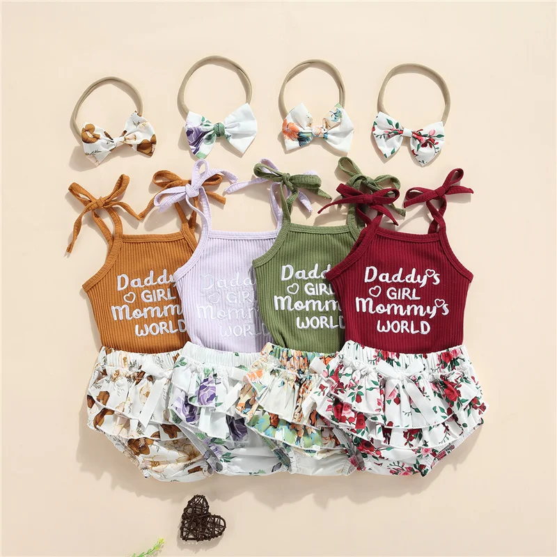 

Newborn Baby Girls Summer Sweet Clothes Sets,Sleeveless Self-Tie Strap Rib Knit Romper+Bloomer Shorts+Headband Set,0-18Months