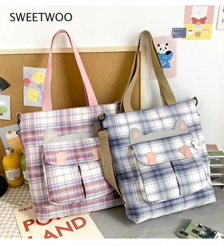 Plaid ladies shoulder bag soft cloth fabric handbag large capacity cotton bow canvas bag beautiful girl